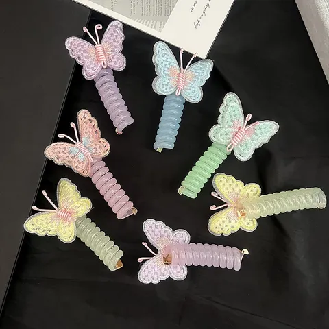 Children Elegant Embroidered Butterfly Spiral Telephone Cord Hair Ties Girls High Elastic Hair Rings Ponytail Holder Sweet Hair Accessories