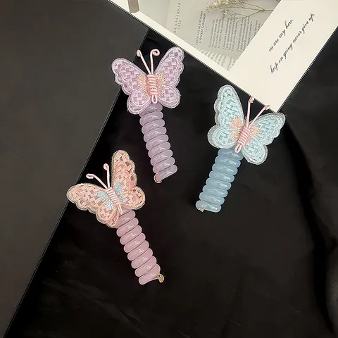 Children Elegant Embroidered Butterfly Spiral Telephone Cord Hair Ties Girls High Elastic Hair Rings Ponytail Holder Sweet Hair Accessories