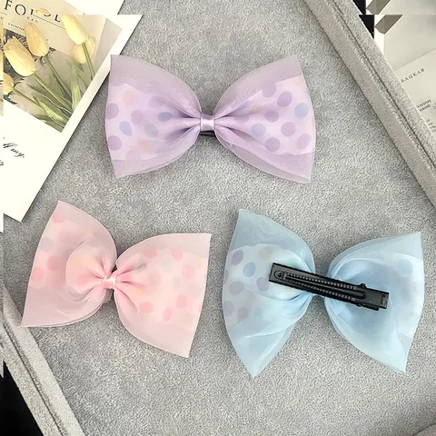 Sweet Princess Girls Bowknot Hair Clip Polka Dot Mesh Tulle Hairpins Kids Handmade Fabric Headwear Boutique Hair Accessories