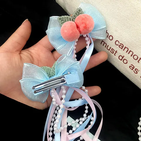 Fabric Bowknot Hair Clip With Artificial Pearl Tassel Peach Ribbon Sweet Handmade Elegant Headwear For Women Vintage Dress Costume Accessories