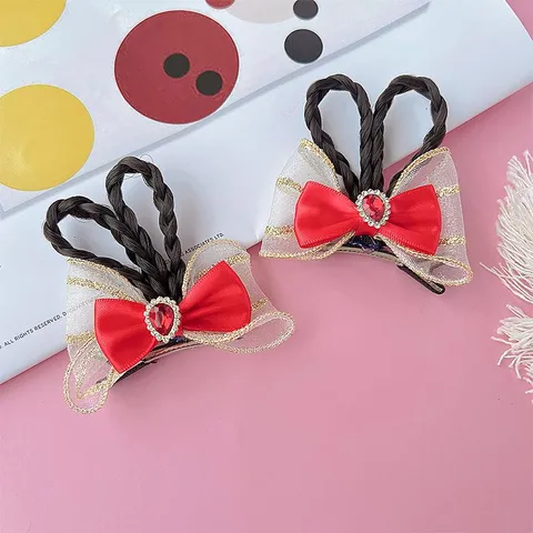 Cute Fabric Mesh Bowknot Hair Clips With Synthetic Fiber Braided Ponytail Rhinestone Princess Hairpins For Kids Birthday Party Costume Accessories