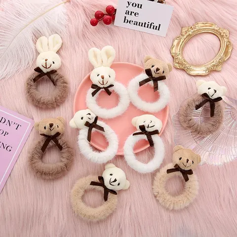 Cute Plush Bear Bunny Hair Ties Sweet Bowknot Decorative Scrunchies High Elastic Hair Bands For Women Girls Daily Headwear