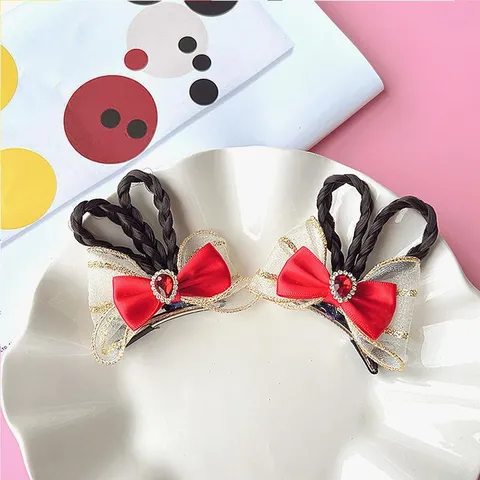 Cute Fabric Mesh Bowknot Hair Clips With Synthetic Fiber Braided Ponytail Rhinestone Princess Hairpins For Kids Birthday Party Costume Accessories