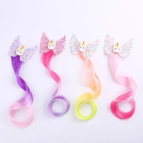 Kids Cartoon Unicorn Wings Hair Clips Creative Gradient Colorful Long Synthetic Extensions Hairpiece Braids Ties Overlord Ribbon Ponytail Hair Accessories For Birthday Festive Party Costume Decor
