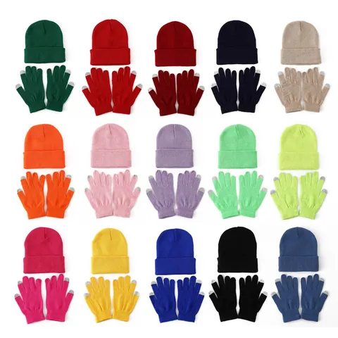 Unisex Winter Warm Knit Hat And Touchscreen Gloves Set Solid Color Basic Beanie Outdoor Thermal Accessories
