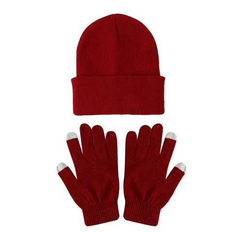 Unisex Winter Warm Knit Hat And Touchscreen Gloves Set Solid Color Basic Beanie Outdoor Thermal Accessories