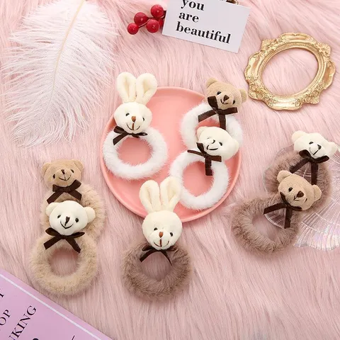 Cute Plush Bear Bunny Hair Ties Sweet Bowknot Decorative Scrunchies High Elastic Hair Bands For Women Girls Daily Headwear