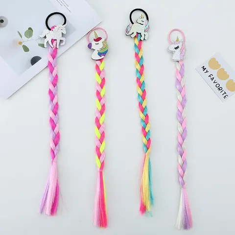 Cute Cartoon Unicorn Hair Extensions Gradient Colorful Wig Braids Ponytail Elastic Bands Hair Accessories For Girls