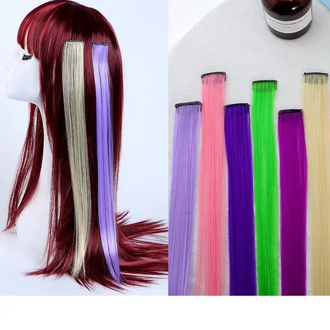 Extension De Cheveux Colorée À Clipser Longue Et Raide En Fibre Synthétique Haute Température Mèches Pour Femme Fête Quotidien