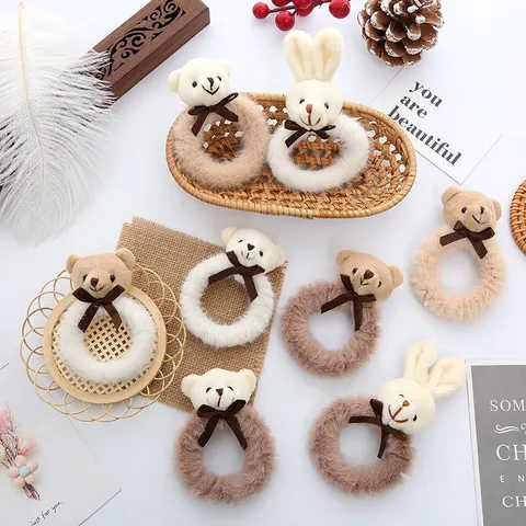 Mignons Élastiques à Cheveux en Peluche Japonaise Forme Ours et Lapin Nœud en Ruban Scrunchies Bandeaux à Cheveux Haute Élasticité pour Femmes Adolescents Accessoires Cheveux Quotidiens