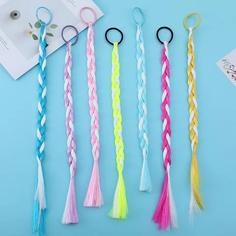 Kids Colorful Bicolor Synthetic Fiber Braided Hair Extension With Elastic Band DIY Braid Hair Accessories For Children