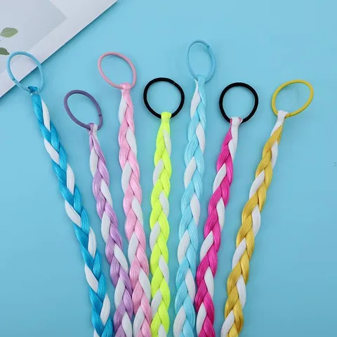 Kids Colorful Bicolor Synthetic Fiber Braided Hair Extension With Elastic Band DIY Braid Hair Accessories For Children
