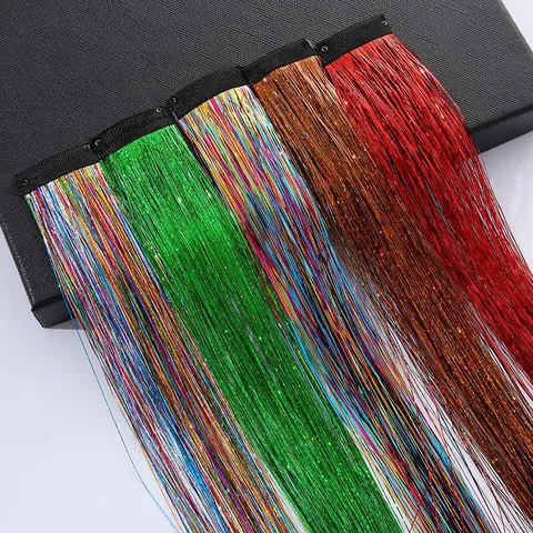 Shiny Glitter Tinsel Hair Extensions Laser Colorful Hair Silk With Clip For Women Girls Party Braiding Hair Decoration Accessories