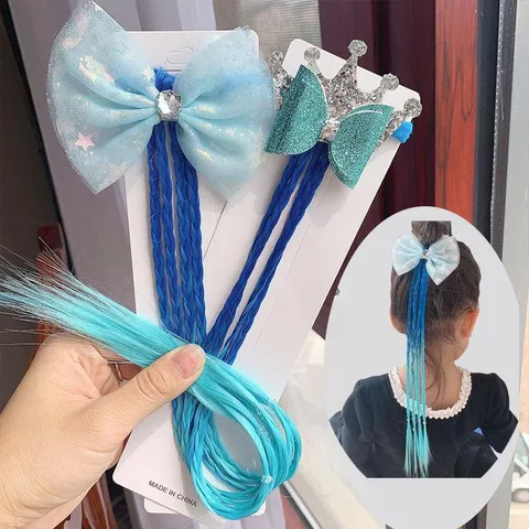 Kids Colorful Braid Hair Extensions With Crown Bow Hair Ties Synthetic Ponytail Braid Princess Hair Accessories For Girls
