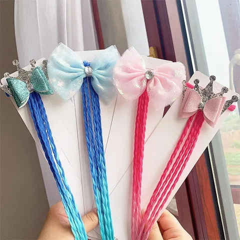 Kids Colorful Braid Hair Extensions With Crown Bow Hair Ties Synthetic Ponytail Braid Princess Hair Accessories For Girls