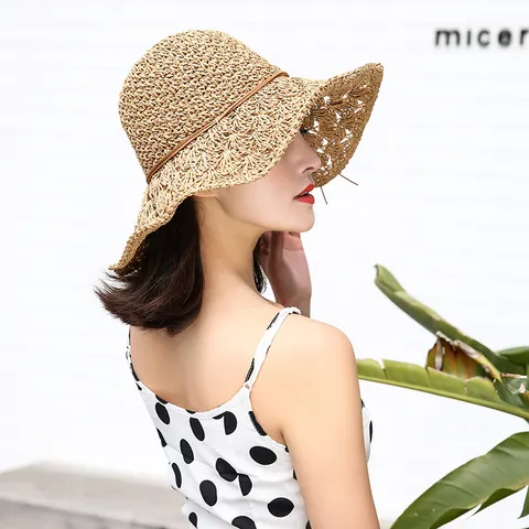 Sombrero de Paja Plegable para Mujer Sombrero de Sol Tejido a Mano Ala Ancha Gorra de Playa Ajustable Sombrero de Verano Sombrero de Moda