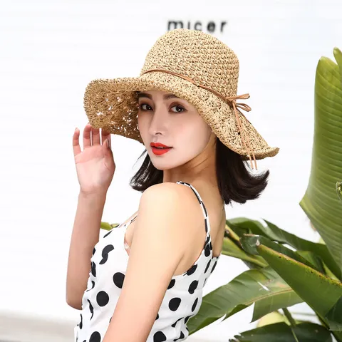 Sombrero de Paja Plegable para Mujer Sombrero de Sol Tejido a Mano Ala Ancha Gorra de Playa Ajustable Sombrero de Verano Sombrero de Moda