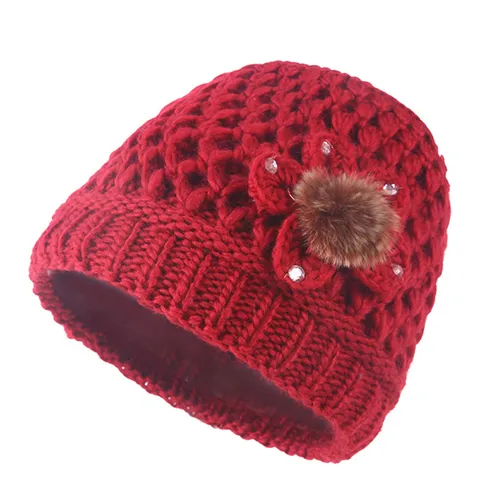 Gorro de Punto Cálido de Invierno Para Mujeres Mayores Gorro de Lana Forrado de Forro Polar Con Bola de Piel Sintética Y Decoración de Perlas de Estrás
