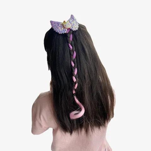 Kids Cartoon Unicorn Wings Hair Clips Creative Gradient Colorful Long Synthetic Extensions Hairpiece Braids Ties Overlord Ribbon Ponytail Hair Accessories For Birthday Festive Party Costume Decor
