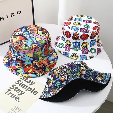 Sombrero de Pescador Estampado de Doble Cara Unisex Casual Graffiti Sombrero de Sol Moda Ala Ancha Gorra para Viajes al Aire Libre