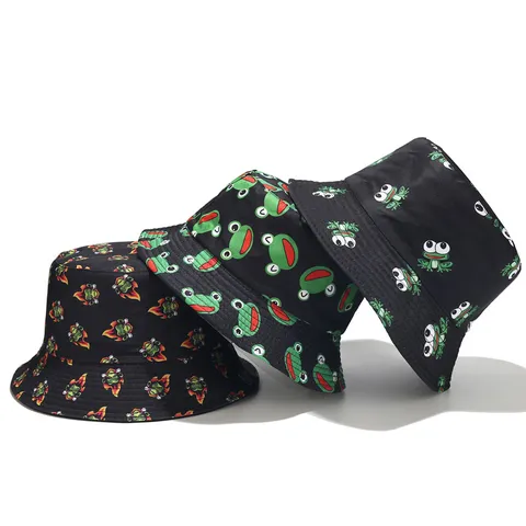 Unisex Casual Sun Protection Bucket Hat Cotton Blend Cartoon Frog Sunflower Print Wide Brim Summer Beach Fisherman Hat