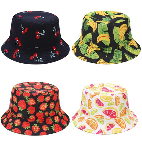 Sombrero de Pescador Unisex Verano Protección Solar Mezcla de Poliéster y Algodón Estampado de Frutas Sombrero Reversible Gorra Casual de Playa