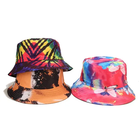 Sombrero de Pescador de Poliéster de Doble Cara Tie Dye Estampado 3D Colorido Sombrero de Sol Casual