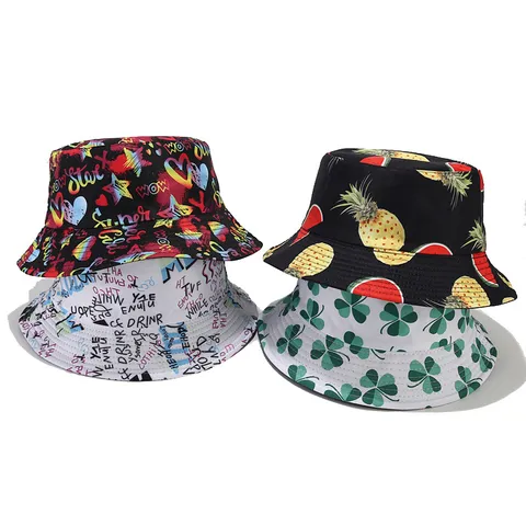Unisex Bucket Hat Été Protection Solaire Extérieur Décontracté Imprimé Chapeau de Pêcheur Polyester Coton Fruit Botanique Graffiti