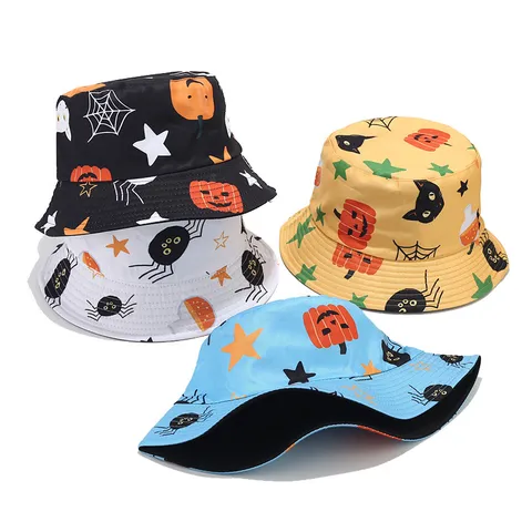 Cartoon Halloween Print Bucket Hat Breathable Polycotton Sun Protection Fisherman Cap Outdoor Casual Sun Hat For Women