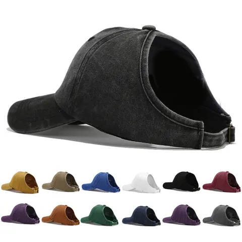Gorra de Béisbol de Algodón Lavado Vintage para Mujer Agujero para Coleta Ajustable Protección Solar Casual Sombrero