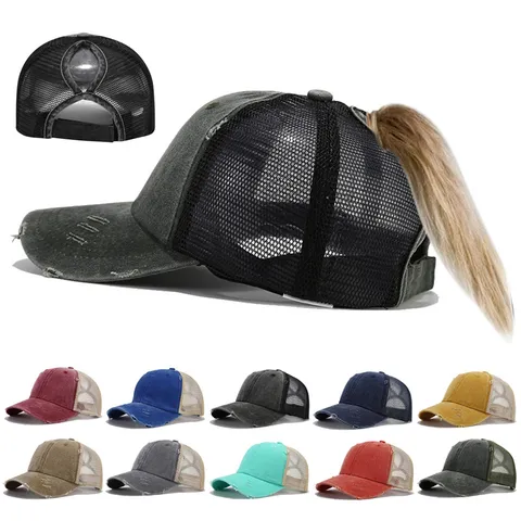 Gorra de Béisbol de Malla de Algodón Lavada Retro para Mujer Verano Exterior Transpirable Protección Solar Cola de Caballo
