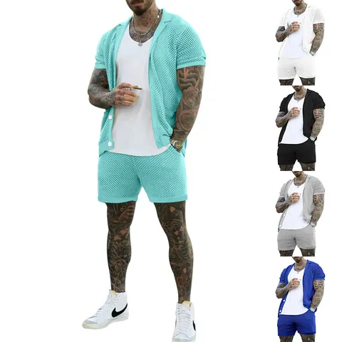 Uomo Casual Estivo Maglia A Rete Set Due Pezzi Revers Cardigan Camicia Manica Corta E Pantaloncini Tuta Outfit Spiaggia