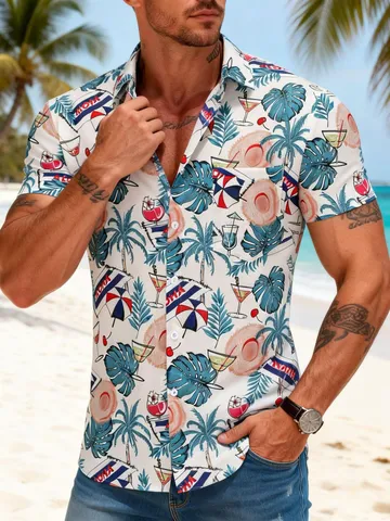 Men's Hawaiian Tropical Print Short Sleeve Shirt Casual Loose Fit Polyester Beach Vacation Top With Palm Tree Design
