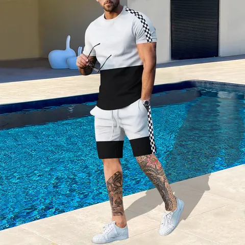 Completo Top e Pantaloncini con T-Shirt a Manica Corta e Shorts Sportivi Casual Estivi da Uomo Tuta alla Moda con Stampa 3D Color Block