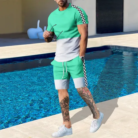 Completo Top e Pantaloncini con T-Shirt a Manica Corta e Shorts Sportivi Casual Estivi da Uomo Tuta alla Moda con Stampa 3D Color Block