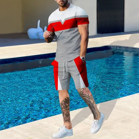 Set Due Pezzi Casual con Blocco Colore Estivo da Uomo Maglietta Manica Corta e Pantaloncini Sportivi Activewear