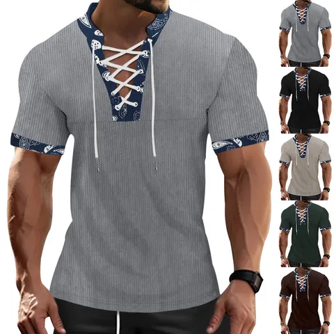 Maglietta Casual in Corduroy a Manica Corta da Uomo Tinta Unita Vestibilità Slim Scollo a V con Stringhe Top