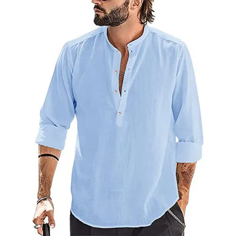 Herren Casual Baumwollmischung Hemd Stehkragen Langarm Henley Hemd Locker Einfarbig Urbane Mode Top Für Alltag