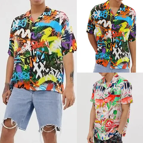 Camicia da Uomo in Stile Britannico Mimetica Graffiti Stampa Casual Spiaggia Manica Corta Poliestere Comoda Traspirante Top Estivo