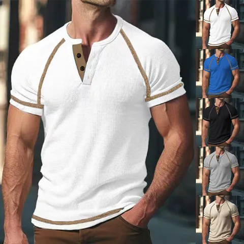 Maglia Henley Casual in Maglia Waffle da Uomo Manica Corta Tinta Unita Raglan Bordo a Contrasto T-Shirt Estate
