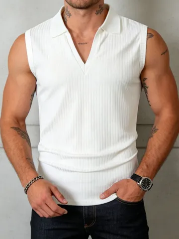 Men Sleeveless Polo Shirt Vertical Striped Ribbed Knit Tank Top Slim Fit V Neck Turn-down Collar Vest Summer Casual Top For Men