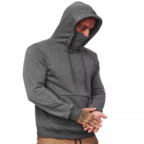 Felpa con Cappuccio Casual Tinta Unita Manica Lunga da Uomo con Maschera Facciale Integrata Tasca Top Sportivo per Autunno