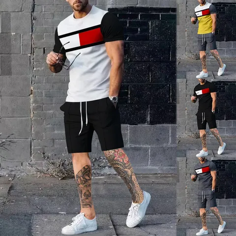 Tuta Sportiva Casual da Uomo Blocco di Colore Maglietta a Manica Corta e Pantaloncini Set Abbigliamento Sportivo di Moda Estiva