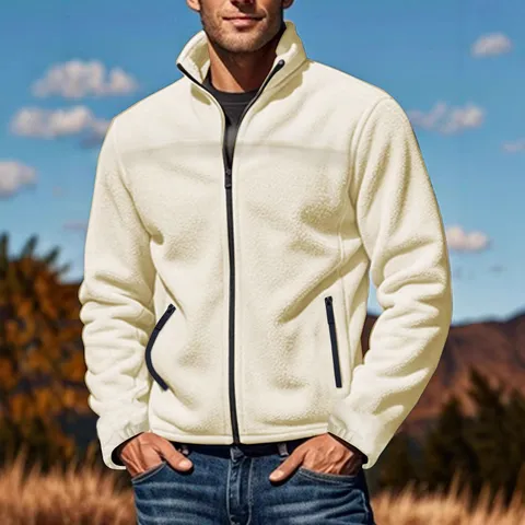 Men Polar Fleece Stand Collar Jacket Warm Solid Color Full Zip Outerwear Breathable Outdoor Casual Sweatshirt Top Coat