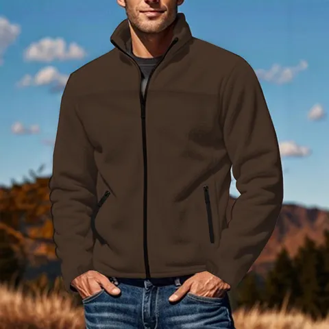 Men Polar Fleece Stand Collar Jacket Warm Solid Color Full Zip Outerwear Breathable Outdoor Casual Sweatshirt Top Coat