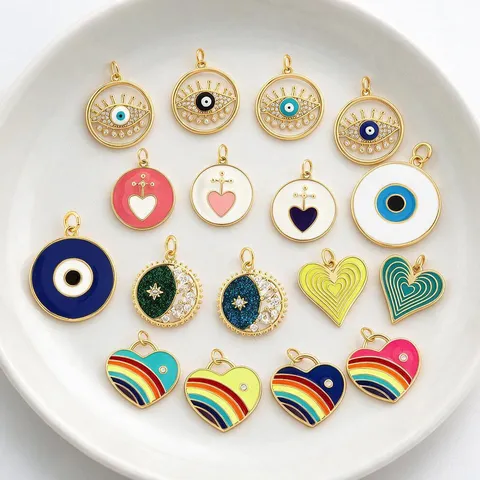 18K Verguld Koperen Boze Oog Hart Hanger DIY Handgemaakte Ketting Accessoires Emaille Regenboog Charms Strass Sieraden Benodigdheden
