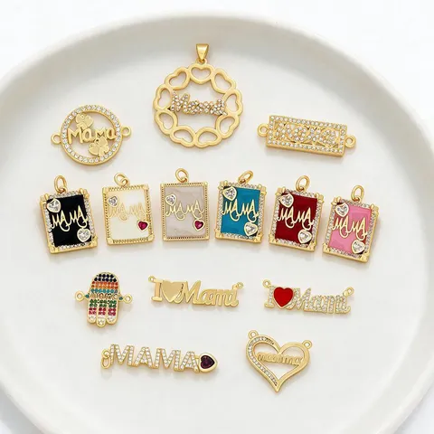 Pendentif Lettre MAMA en Strass Plaqué Or Breloques Rondes en Forme de Cœur Huile de Goutte pour Collier Bracelet DIY Fête des Mères Accessori de Bijoux