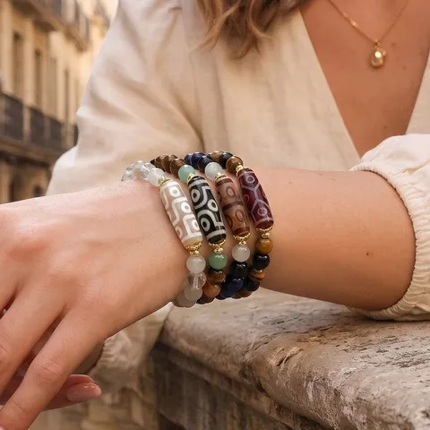 Tibetan Ethnic Vintage Multi-color Gemstone Beaded Bracelet Retro Pattern Dzi Bead Tiger Eye Sunstone Unisex Boho Jewelry