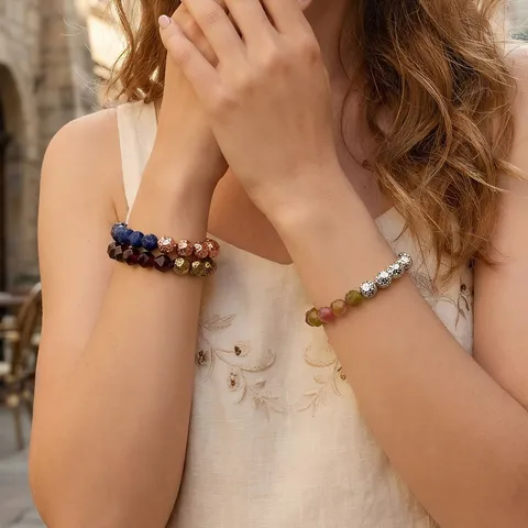 Gefacetteerde Natuurlijke Halfedelsteen Elastische Armband Vergulde Lavasteen Contrastkleur Kralen Armband Sieraden Voor Unisex