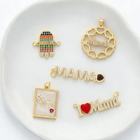 Pendentif Lettre MAMA en Strass Plaqué Or Breloques Rondes en Forme de Cœur Huile de Goutte pour Collier Bracelet DIY Fête des Mères Accessori de Bijoux